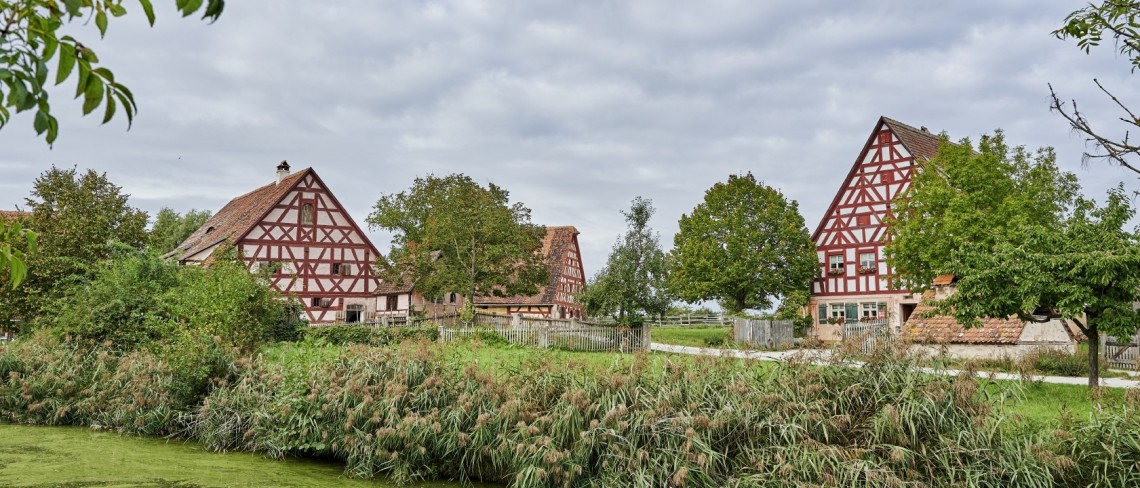 Drei Fachwerkh&auml;user stehen hinter einem Weiher mit Schilfbewachsung am Ufer.