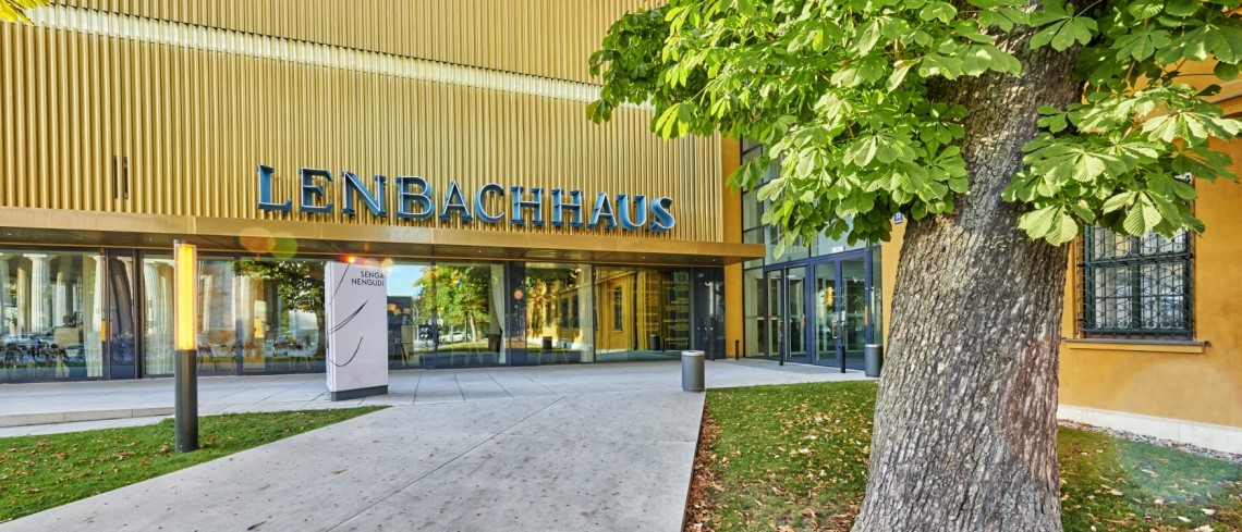 Ein grauer Weg f&uuml;hrt an einem Baum vorbei auf ein gelbes Geb&auml;ude zu. Das Untergeschoss ist verglast.